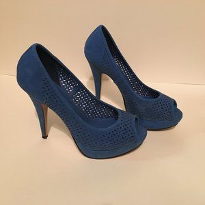 Lapis Blue Platform Stilettos, Peep Toe Heels - 8